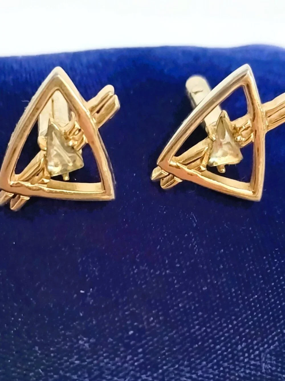 Vintage Swank Gold Triangle Cufflinks Open Work with Clear Stone